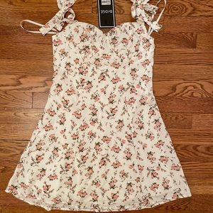 cottage core pink and white floral mini dress